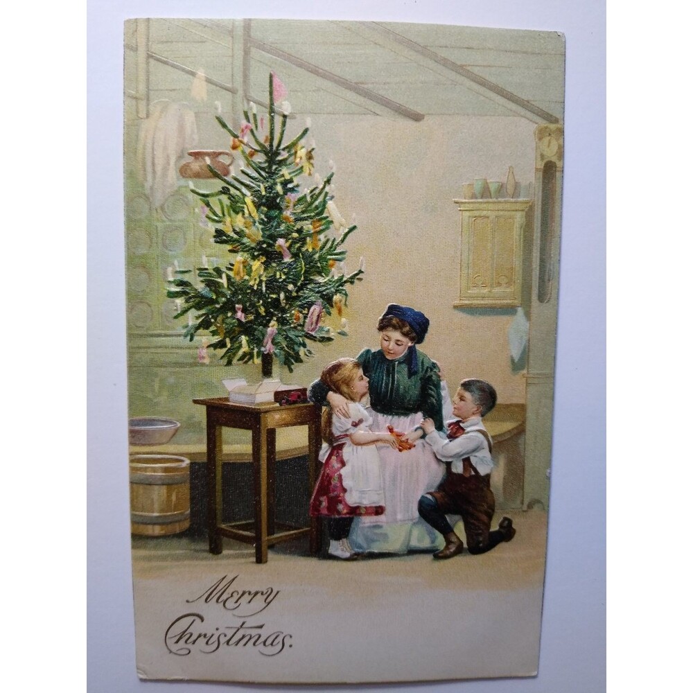 Antique Embossed Merry Christmas Postcard Mother Children Tree Thompson Co